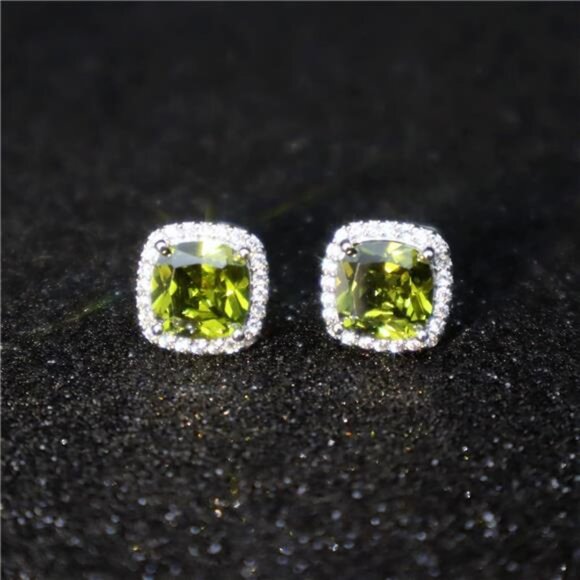 Peridot Halo Stud Earrings Cubic Zirconia Birthstone Simulated Diamond Jewelry - Picture 4 of 7